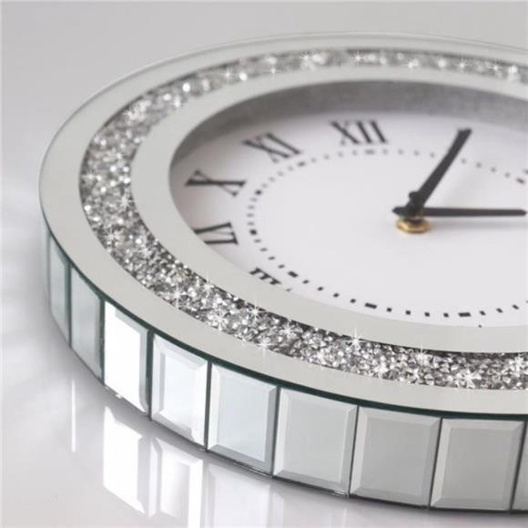 Silver Round Mirror Clock 12inch Crystal Sparkle Twinkle Bling Crush Diamond - Picture 2 of 6